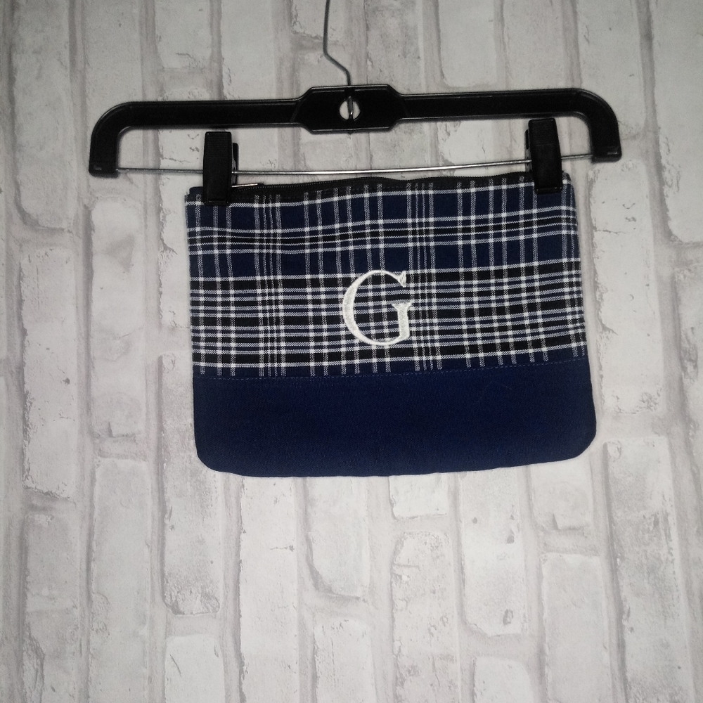 custom embroidered blue plaid makeup bag